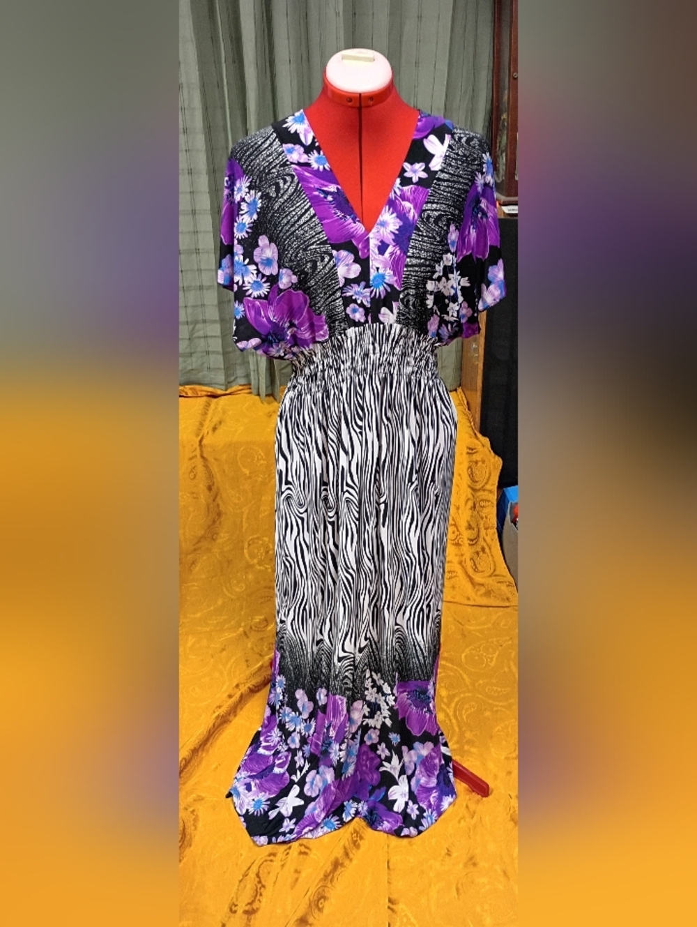 03 Fashion Floral And Zebra Print Maxi Dress Size 2XL